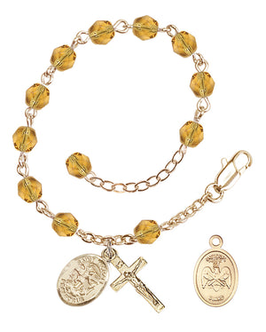 Saint Michael National Guard Rosary Bracelet, 6mm Fire Polished - Gold Plate - Topaz