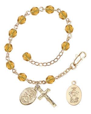Saint Michael Navy Rosary Bracelet, 6mm Fire Polished - Gold Plate - Topaz