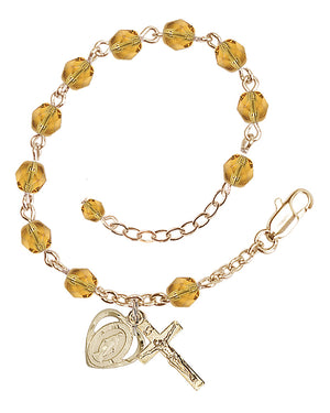 6mm Fire Polished Miraculous Heart Rosary Bracelet - Gold Plate - November - Topaz