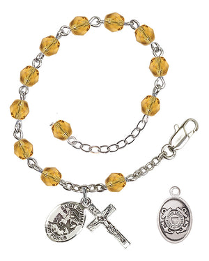 Saint Michael Coast Guard Rosary Bracelet, 6mm Fire Polished - Silver Plate - Topaz