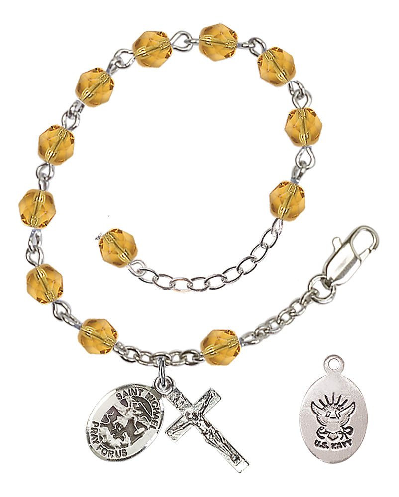 Saint Michael Navy Rosary Bracelet, 6mm Fire Polished - Silver Plate - Topaz