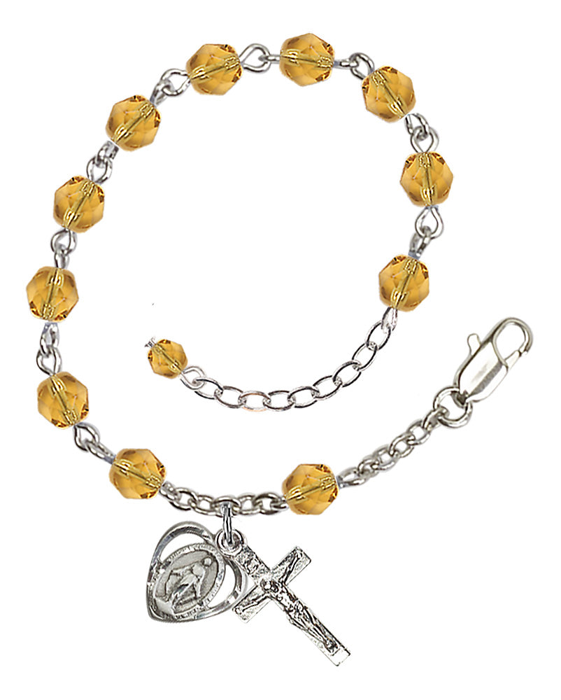 6mm Fire Polished Miraculous Heart Rosary Bracelet - Silver Plate - November - Topaz