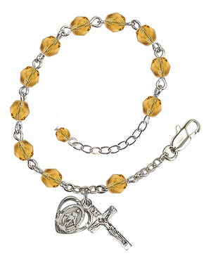 6mm Fire Polished Miraculous Heart Rosary Bracelet - Silver Plate - November - Topaz