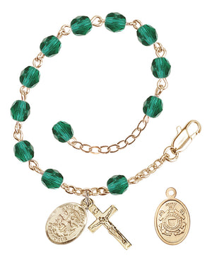 Saint Michael Coast Guard Rosary Bracelet, 6mm Fire Polished - Gold Plate - Zircon