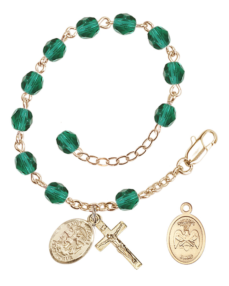 Saint Michael National Guard Rosary Bracelet, 6mm Fire Polished - Gold Plate - Zircon