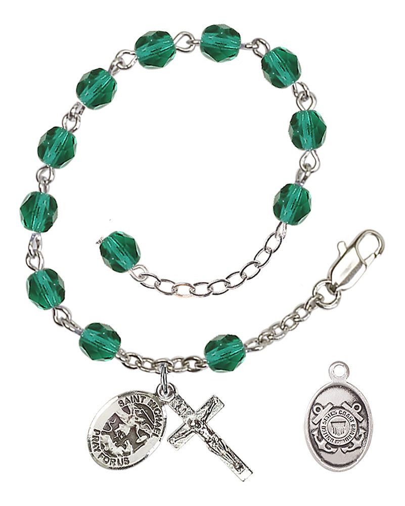 Saint Michael Coast Guard Rosary Bracelet, 6mm Fire Polished - Silver Plate - Zircon