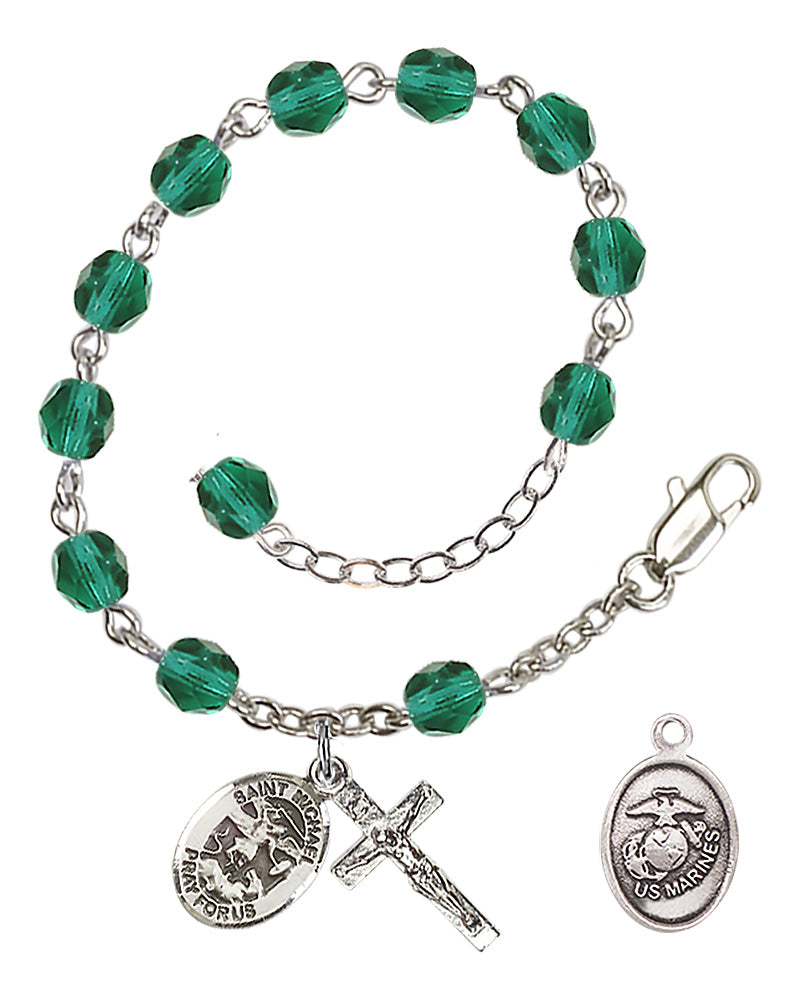 Saint Michael Marines Rosary Bracelet, 6mm Fire Polished - Silver Plate - Zircon