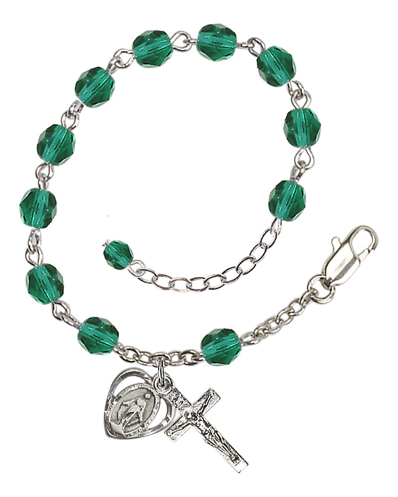 6mm Fire Polished Miraculous Heart Rosary Bracelet - Silver Plate - December - Zircon