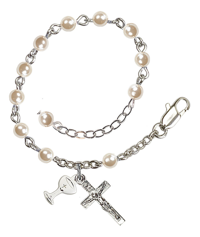 Pearl Chalice First Communion Rosary Bracelet - Silver Plate