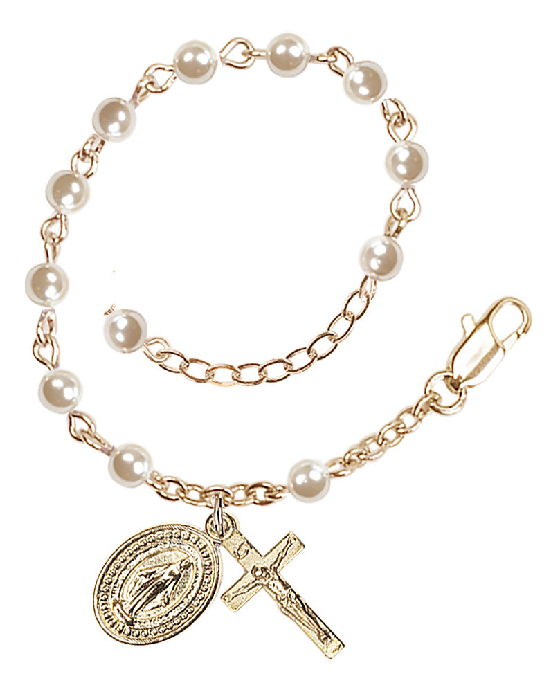 4mm Cream Pearl Miraculous Rosary Bracelet - Gold Plate