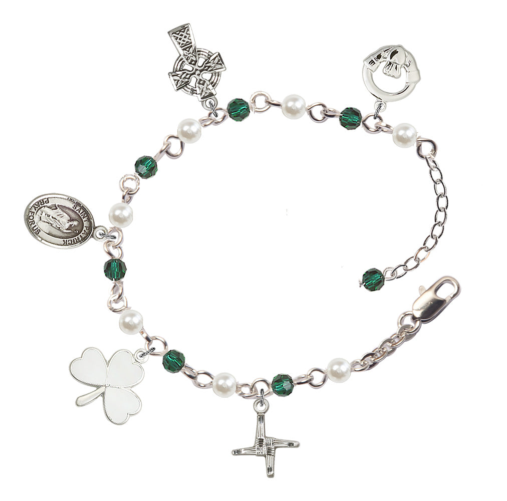 Irish Charm Bracelet - Silver Plate - Emerald and Pearl