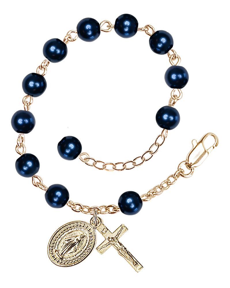Pearl and Crystal Miraculous Rosary Bracelet - Gold Plate - Dark Blue Pearl