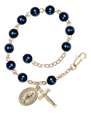 Pearl and Crystal Miraculous Rosary Bracelet - Gold Plate - Dark Blue Pearl