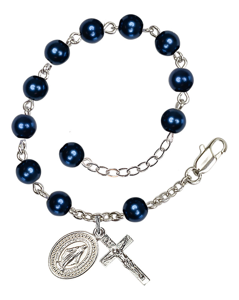 Pearl and Crystal Miraculous Rosary Bracelet - Silver Plate - Dark Blue Pearl