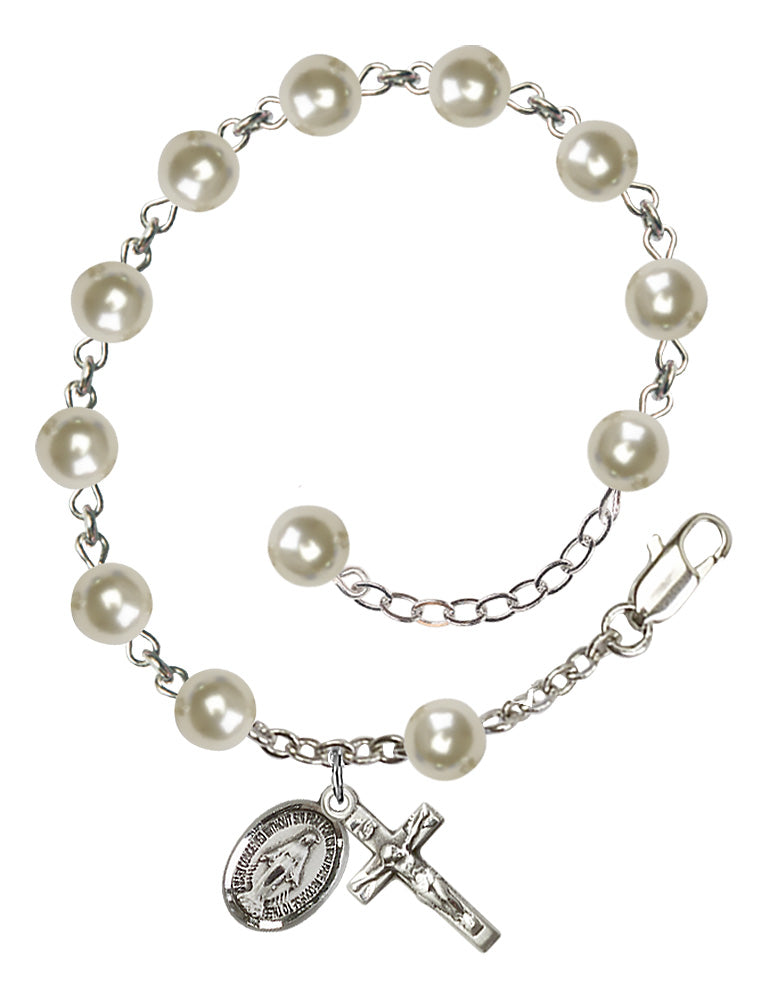 Pearl and Crystal Miraculous Rosary Bracelet - Sterling Silver - Cream Rose Pearl