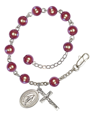 Pearl and Crystal Miraculous Rosary Bracelet - Silver Plate - Red Pearl