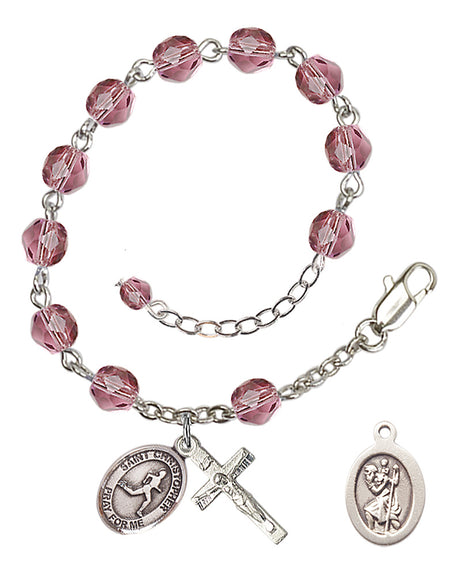 Saint Christopher Track and Field Rosary Bracelet - Silver Plate - February - Amethyst