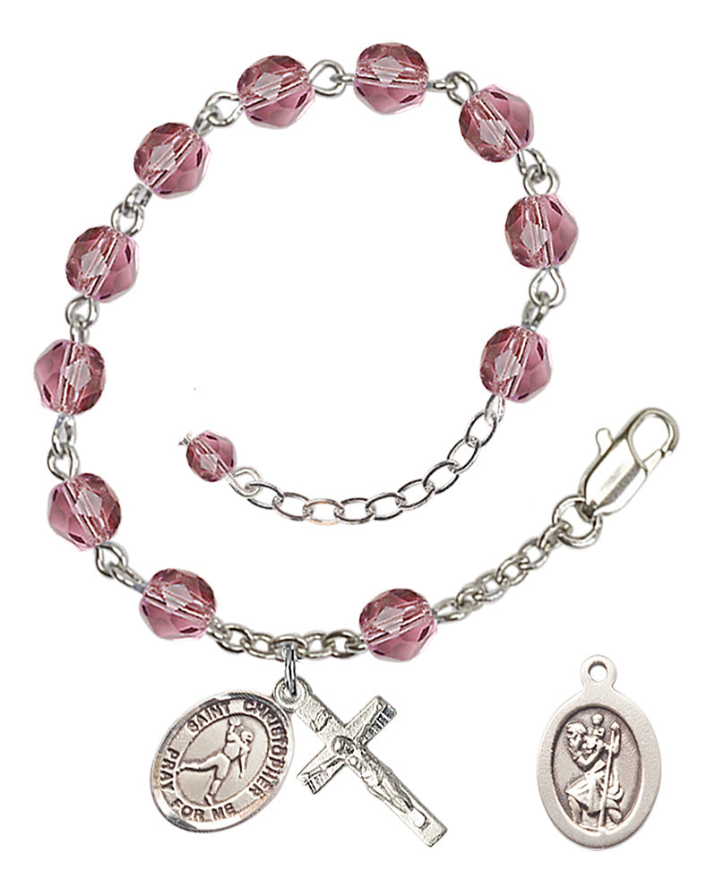 Saint Christopher Football Rosary Bracelet - Silver Plate - February - Amethyst