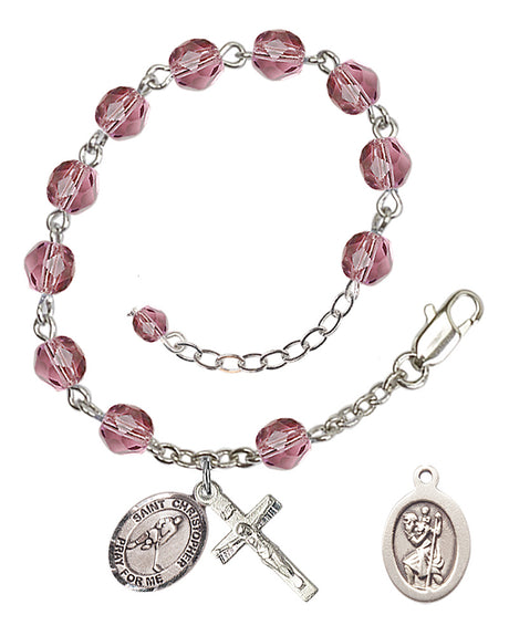 Saint Christopher Ice Hockey Rosary Bracelet - Silver Plate - February - Amethyst