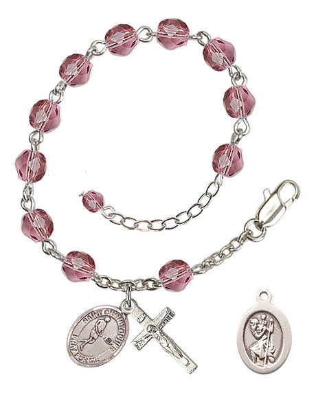 Saint Christopher Tennis Rosary Bracelet - Silver Plate - February - Amethyst