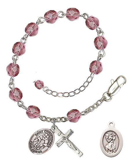 Saint Christopher Wrestling Rosary Bracelet - Silver Plate - February - Amethyst