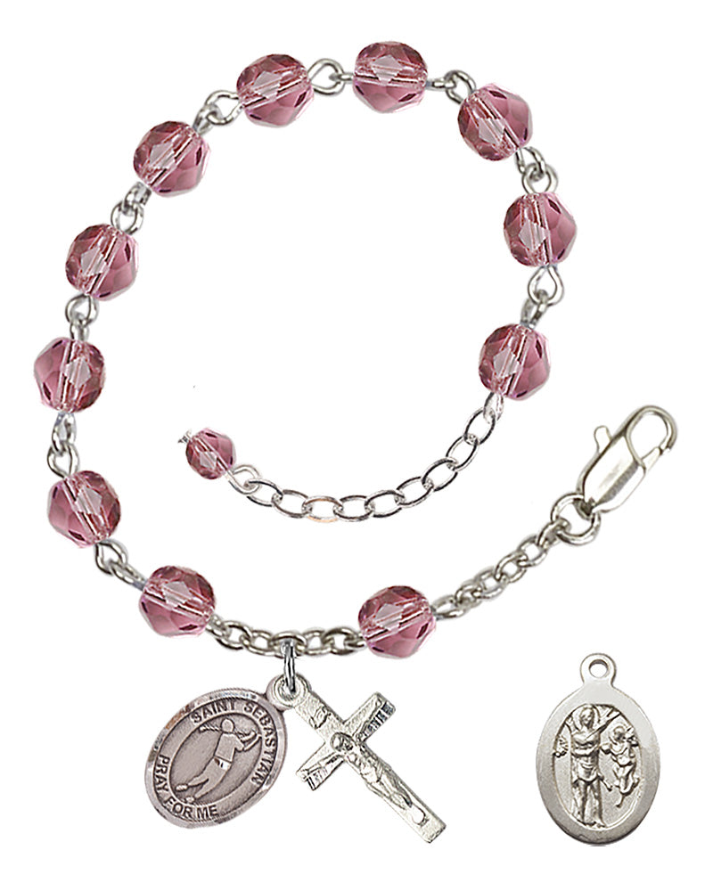 Saint Sebastian Golf Rosary Bracelet - Silver Plate - February - Amethyst