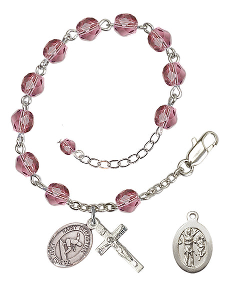 Saint Sebastian Surfing Rosary Bracelet - Silver Plate - February - Amethyst