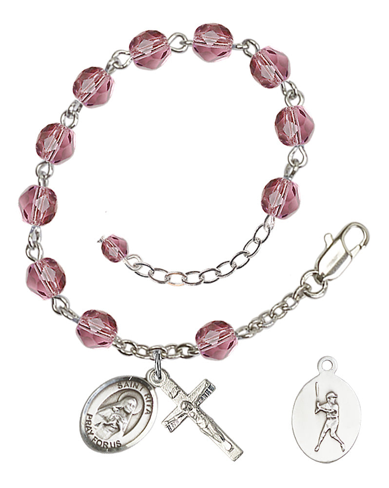 Saint Rita Baseball Rosary Bracelet - Silver Plate - February - Amethyst