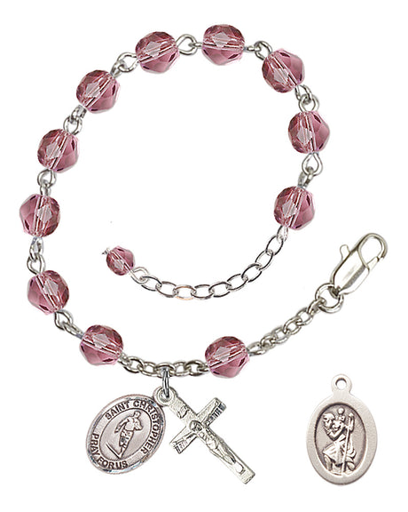 Saint Christopher Rugby Rosary Bracelet - Silver Plate - February - Amethyst