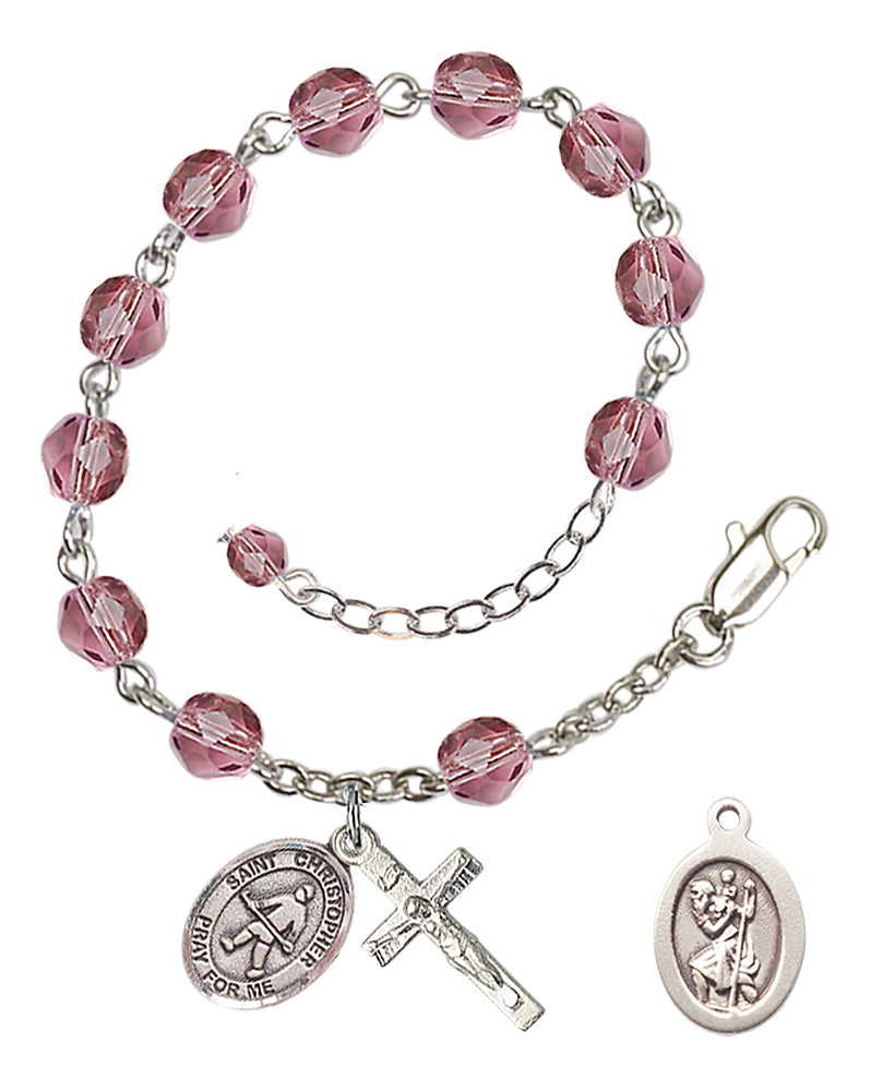 Saint Christopher Field Hockey Rosary Bracelet - Silver Plate - February - Amethyst