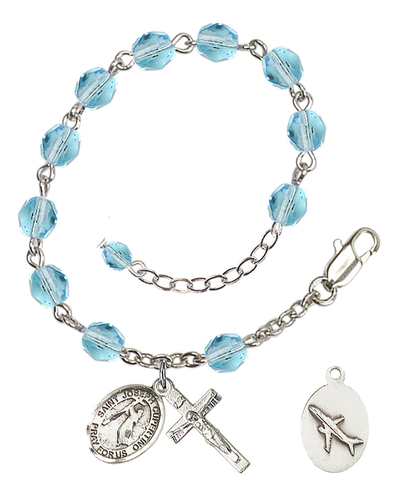 Saint Joseph of Cupertino Rosary Bracelet - Silver Plate - March - Aqua