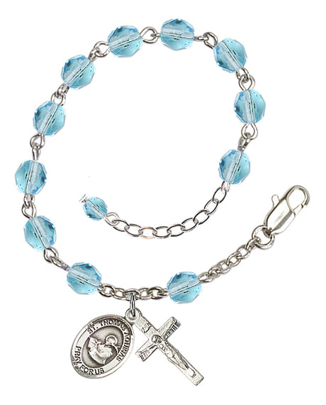 Saint Thomas Aquinas Rosary Bracelet - Silver Plate - March - Aqua