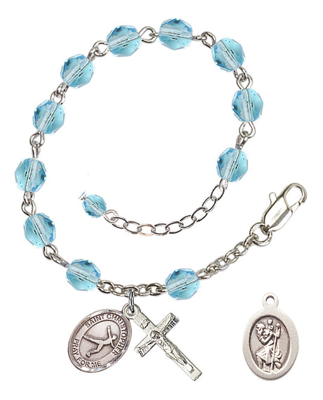 Saint Christopher Figure Skating Rosary Bracelet - Silver Plate - March - Aqua