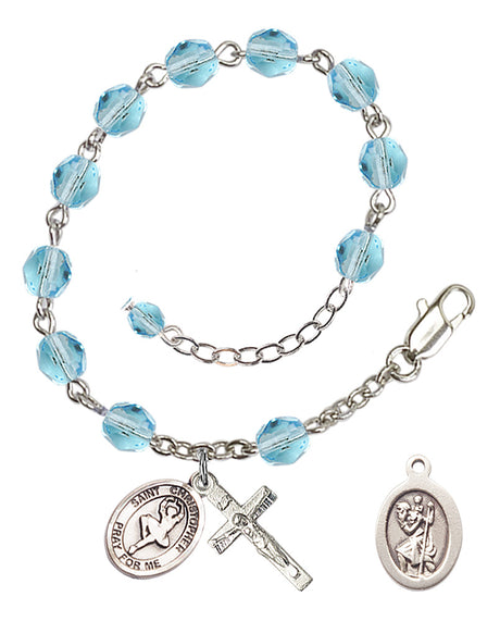 Saint Christopher Dance Rosary Bracelet - Silver Plate - March - Aqua