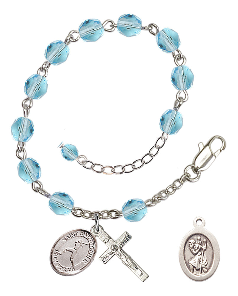 Saint Christopher Softball Rosary Bracelet - Silver Plate - March - Aqua