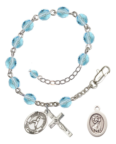 Saint Christopher Baseball Rosary Bracelet - Silver Plate - March - Aqua