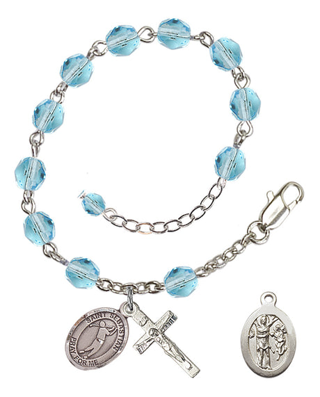 Saint Sebastian Golf Rosary Bracelet - Silver Plate - March - Aqua