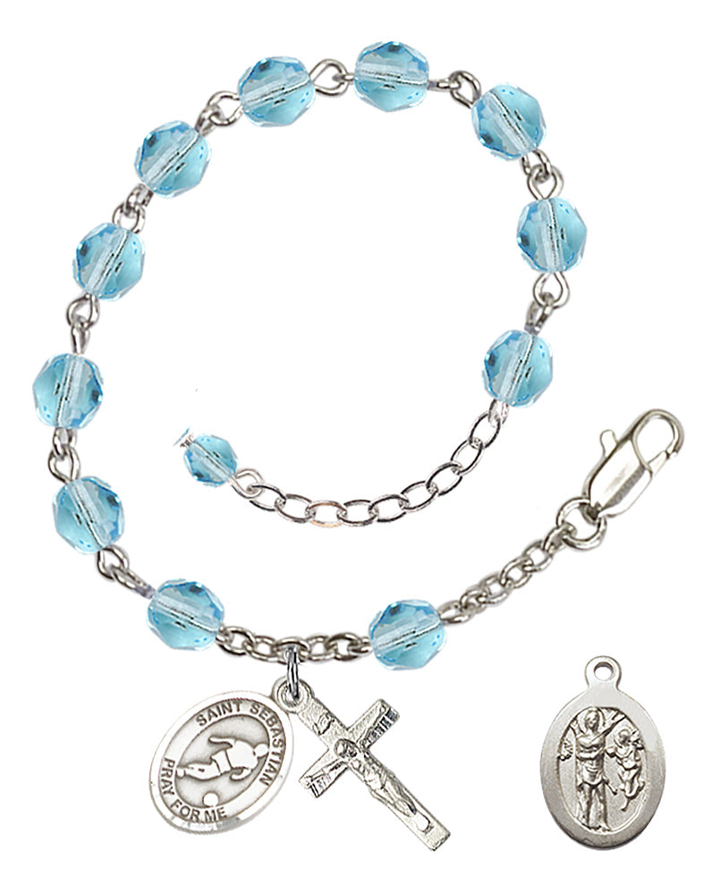 Saint Sebastian Soccer Rosary Bracelet - Silver Plate - March - Aqua