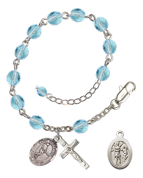 Saint Sebastian Tennis Rosary Bracelet - Silver Plate - March - Aqua