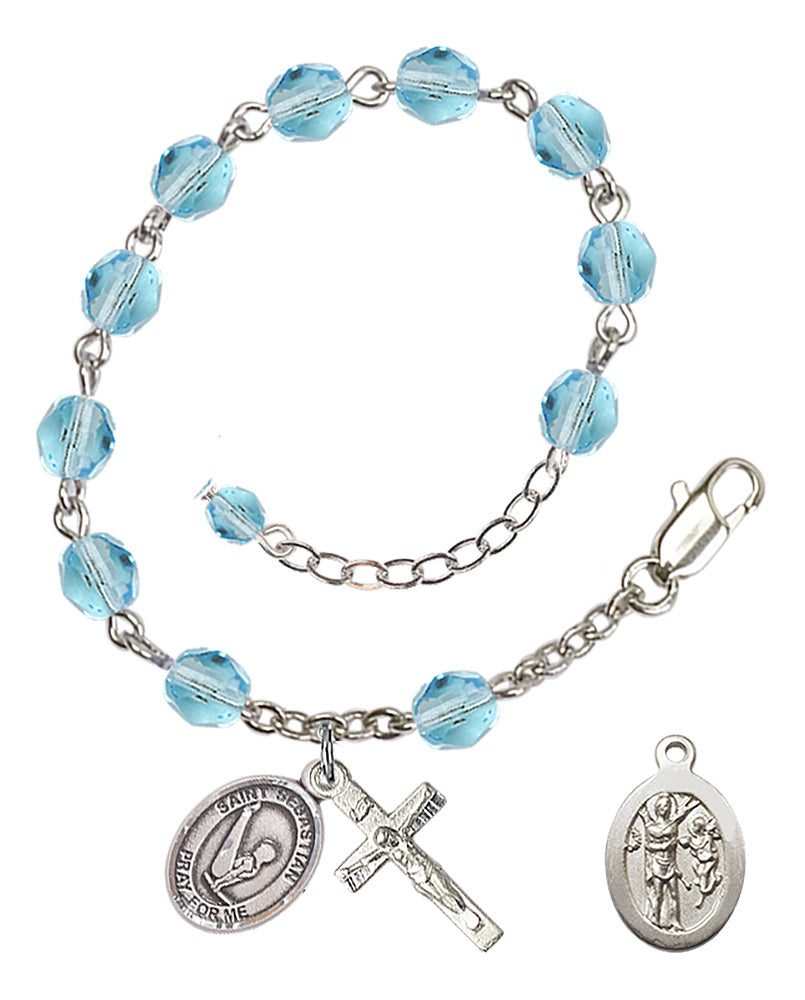 Saint Sebastian Gymnastics Rosary Bracelet - Silver Plate - March - Aqua