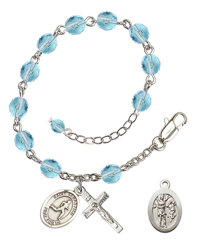 Saint Sebastian Track and Field Rosary Bracelet - Silver Plate - March - Aqua