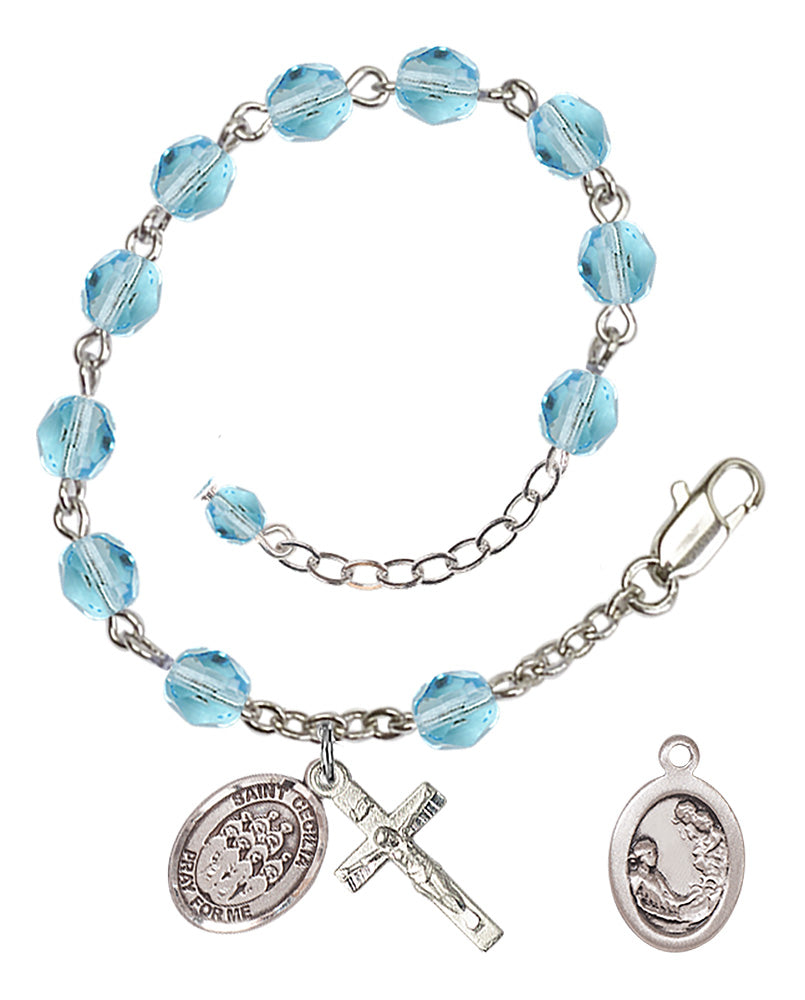 Saint Cecilia Choir Rosary Bracelet - Silver Plate - March - Aqua