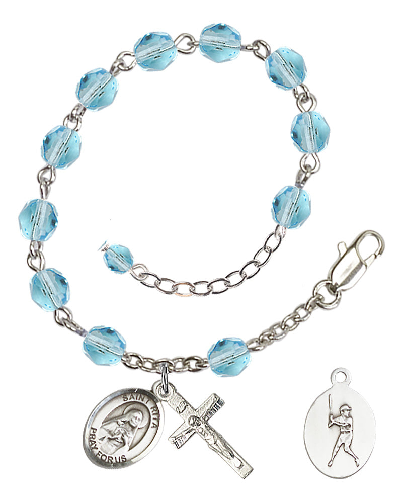 Saint Rita Baseball Rosary Bracelet - Silver Plate - March - Aqua