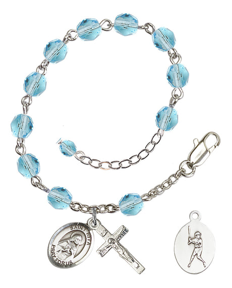 Saint Rita Baseball Rosary Bracelet - Silver Plate - March - Aqua