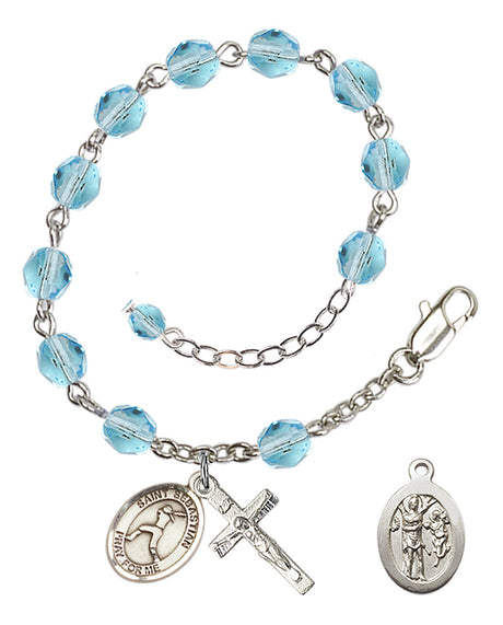 Saint Sebastian Softball Rosary Bracelet - Silver Plate - March - Aqua