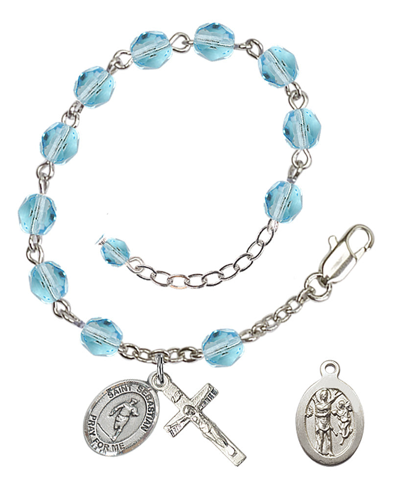 Saint Sebastian Rugby Rosary Bracelet - Silver Plate - March - Aqua