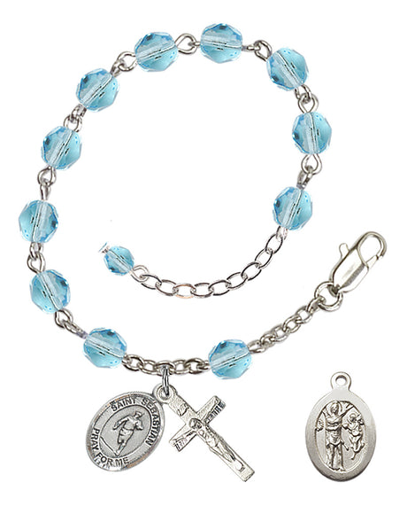 Saint Sebastian Rugby Rosary Bracelet - Silver Plate - March - Aqua