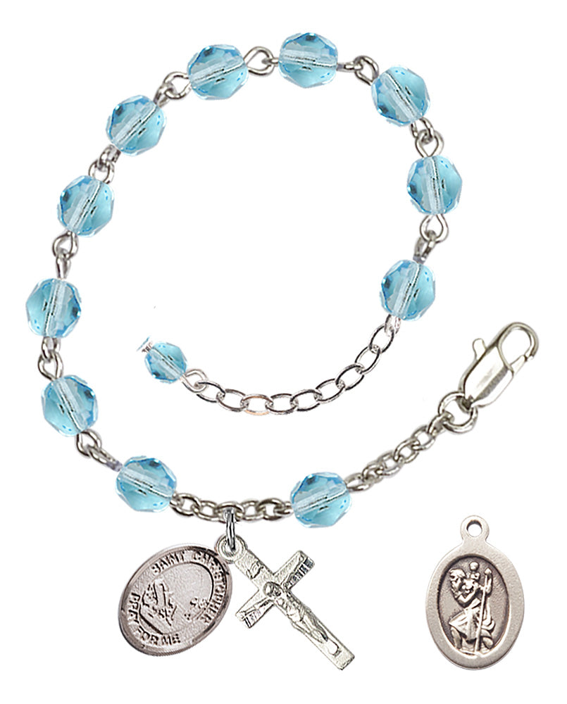 Saint Christopher Fishing Rosary Bracelet - Silver Plate - March - Aqua