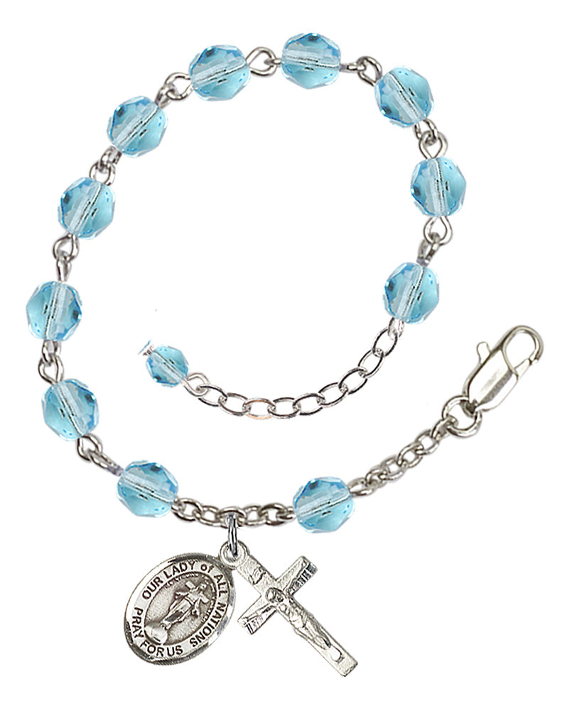 Our Lady of All Nations Rosary Bracelet - Silver Plate - March - Aqua