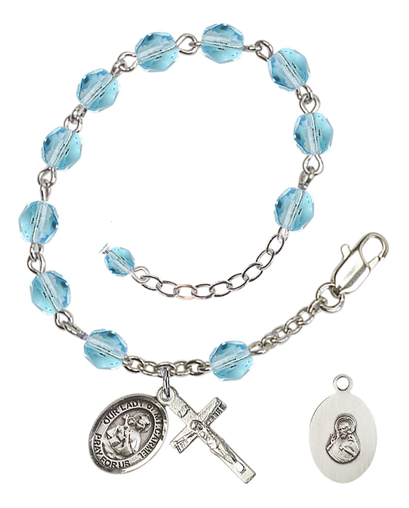 Our Lady of Mount Carmel Rosary Bracelet - Silver Plate - March - Aqua